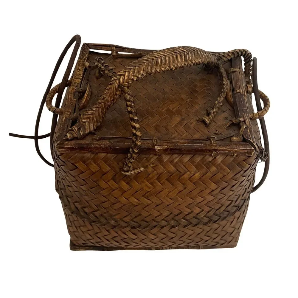 VTG Japanese Bamboo Ikebana Woven Wave Lidded Basket Purse Square Bag